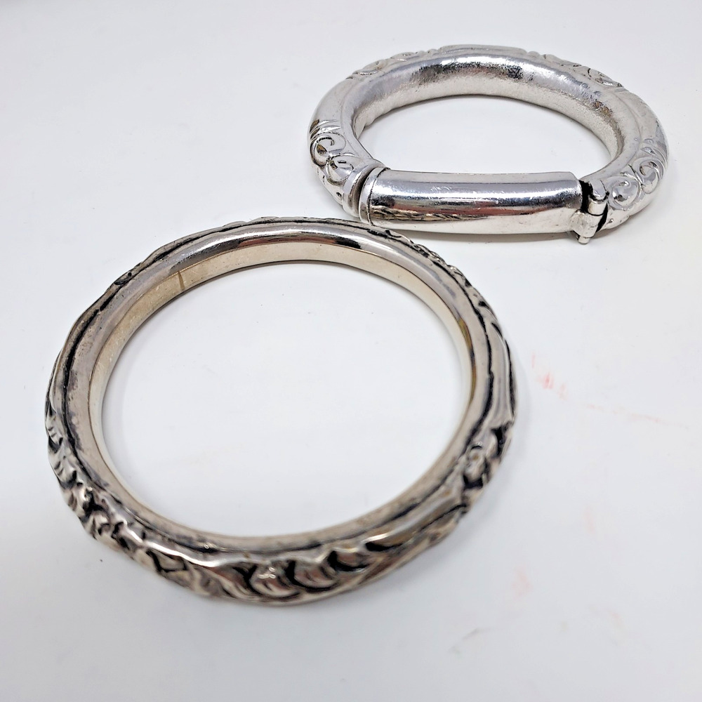Vintage Pair Aged Silver Tone Embossed Bangles 8" Round + Hinged Oval Stackable